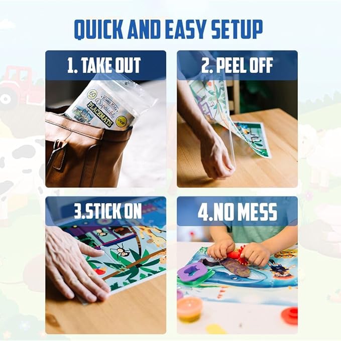 40 Pack Disposable Placemats for Baby, 3 Design Pack Baby Eating Mat, 12" x 18" Sticky Kids Placemat, Toddler Place mat for Restaurants, Plastic Kids Placemats for Dining Table
