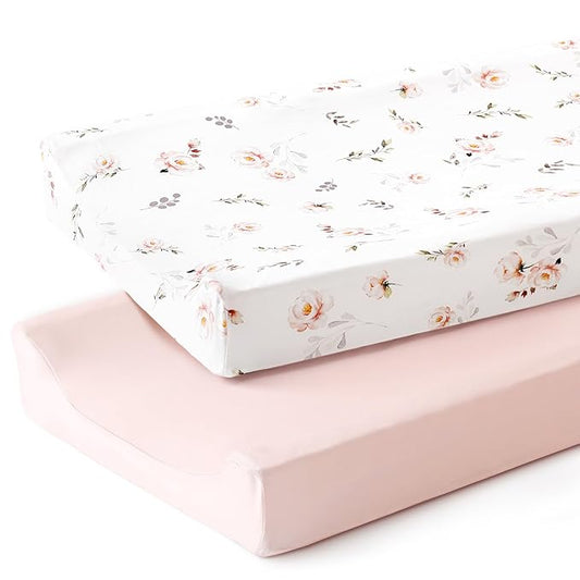 GRSSDER Stretch Ultra Soft Jersey Knit Changing Pad Cover Set 2 Pack, Change Table Pad Covers Fit 32"/34" x 16" Pads Safe and Snug, Pink Rose Print
