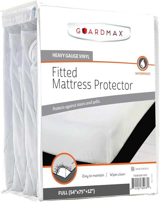 Guardmax Heavy Gauge Vinyl Full Size Mattress Protector - Waterproof & Dust Proof Mattress Cover with Stretchable Pockets - Soft, Comfortable, & Noiseless Waterproof Fitted Sheet.(54 x 75 x 12)