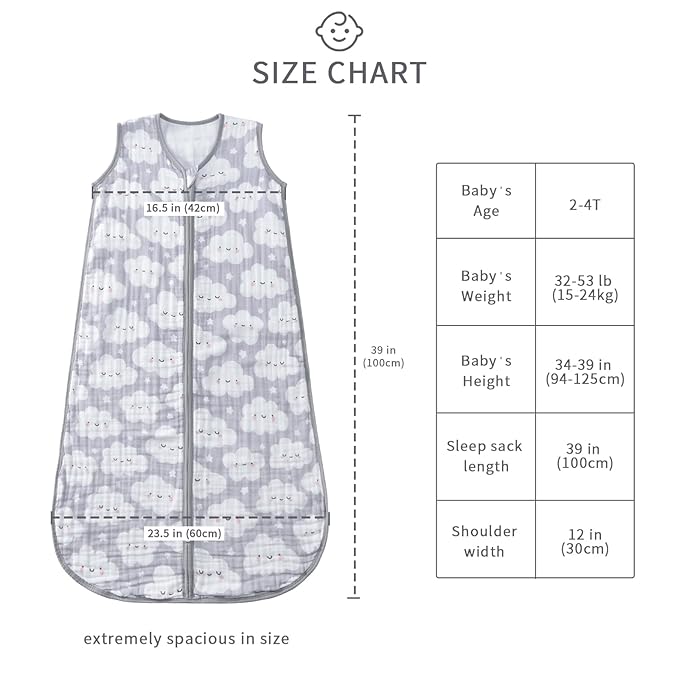 Baby Sleep Sack 2-4 T Baby Wearable Blanket 100% Organic Cotton 0.5 TOG Toddler Sleep Sacks 2- Way Zipper Soft 4 Layers Muslin 2T 3T 4T Cloud