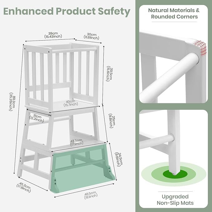 COSYLAND Toddler Standing Tower with Stabilizing Legs - Bamboo Kids Kitchen Step Stool for Learning Cooking (White)