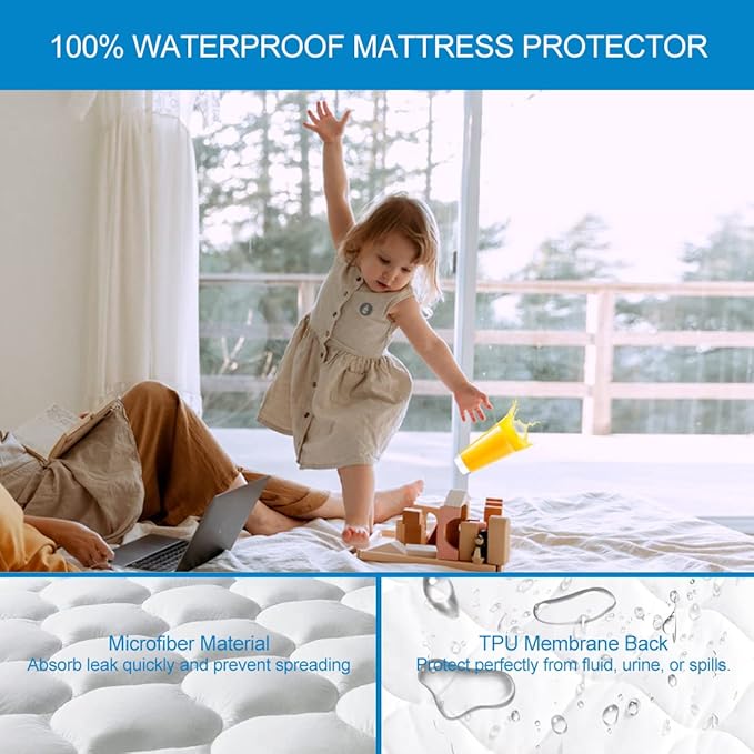 Queen Size Quilted Fitted Waterproof Mattress Pad, Premium Hollow Material Filling Mattress Protector, Breathable, Quiet, Cooling, Machine-Washable Mattress Cover with 21” Deep Pocket