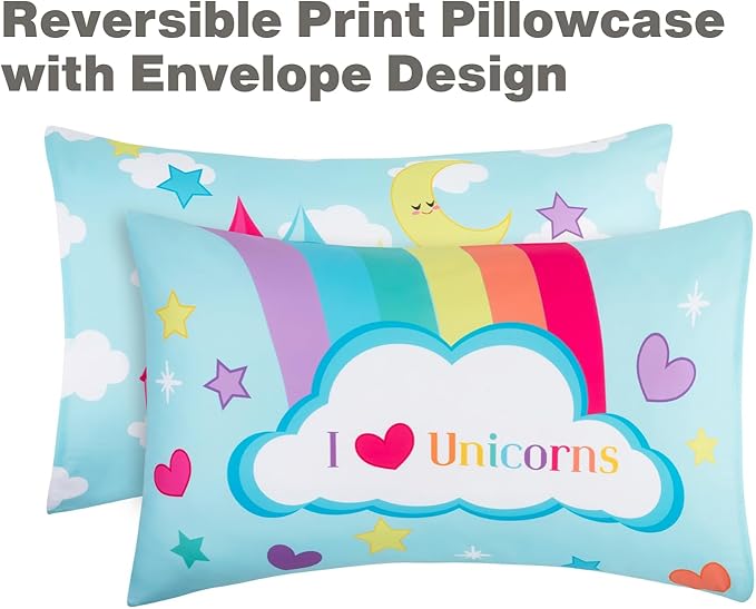 EVERYDAY KIDS 4 Piece Toddler Bedding Set - Unicorn Dreams - Includes Comforter, Flat Sheet, Fitted Sheet and Reversible Pillowcase