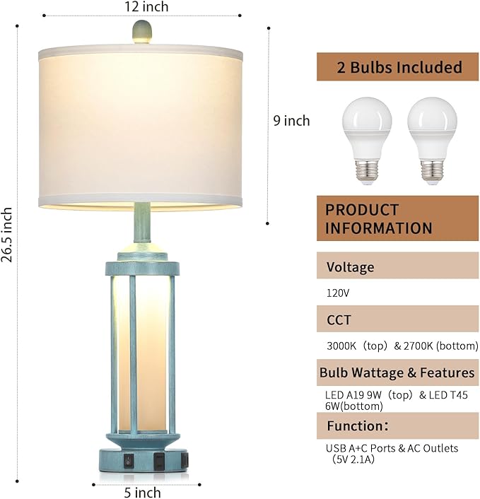 Farmhouse Table Lamps Set of 2 for Living Room, 27" Tall Rustic Vintage Table Lamp with USB A+C Charging Ports & AC Outlet, Modern Retro industrial Nightstand Bedside Lamp for Bedroom Side Table Decor