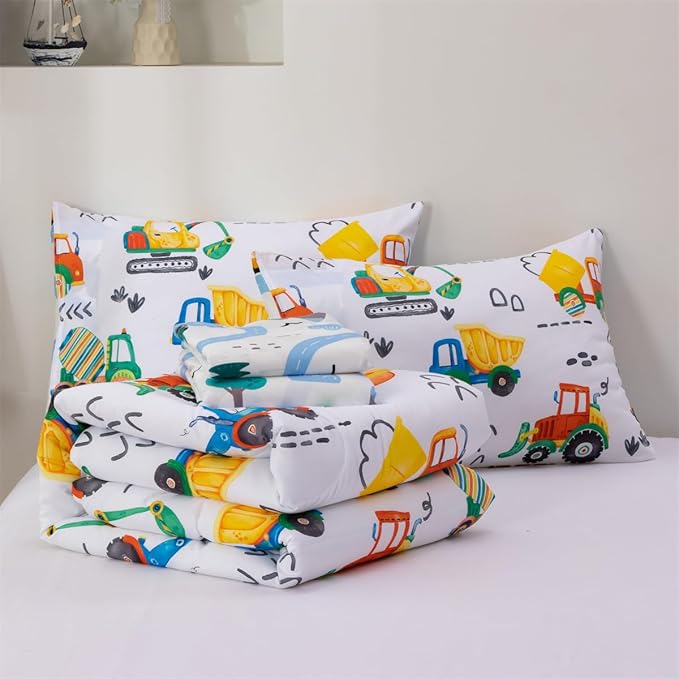 NTBED 5 Pieces Construction Truck Twin Comforter Set for Boys Kids Colorful Painting Vehicles Excavator Lightweight Microfiber Bedding Sets
