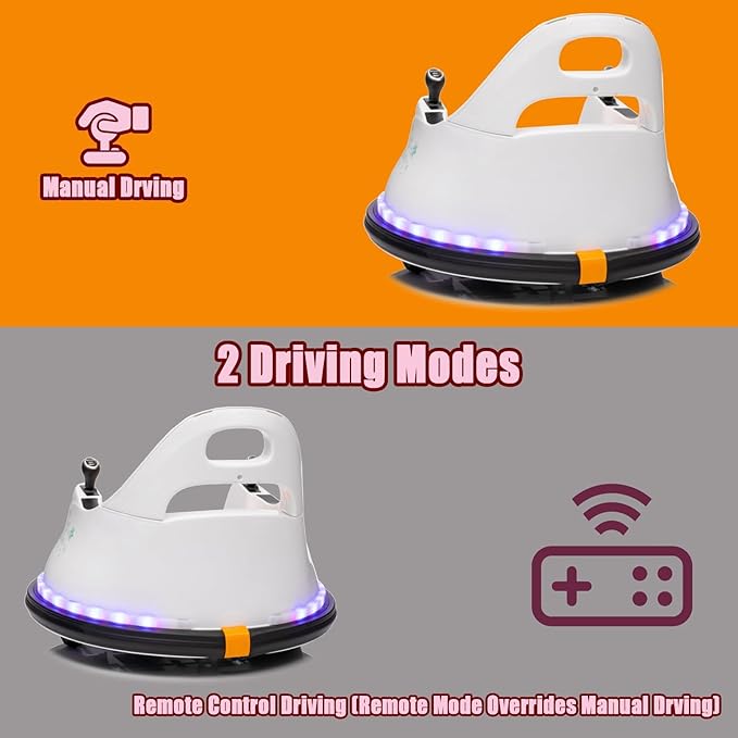 FINITO 12V Ride On Electric Bumper Car for Toddlers with Remote Control, 360 Degree Spin, LED Lights, Music, Safety Belt for Age 3+ Years Kids, Gift for Boys and Girls, White
