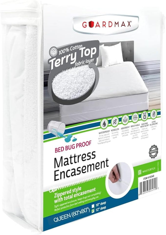 Guardmax Terry Cotton Zippered Mattress Encasement - Queen Size - 100% Waterproof and Bed Bug Proof Mattress Protector - Absorbent Six-Sided Mattress Cover (Terry Cotton, Queen)