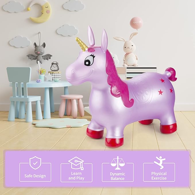 INPANY Unicorn Hopper, Horse Hopper, Bouncy Inflatable Animal Ride-on Toy for Children, Boys and Girls, Toddlers (Pump Included)