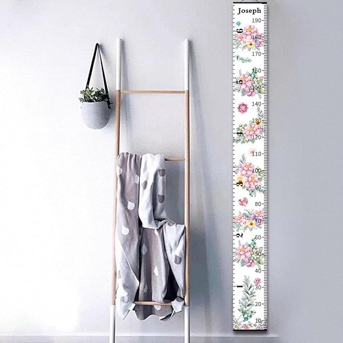 Wall Height Chart for Kids Personalized Name Custom Christmas Gift Baby Girls Flower Room Decor Wall Canvas Height Growth Measurement Ruler for Toddler Removable Wall Hanging Playroom Decoration
