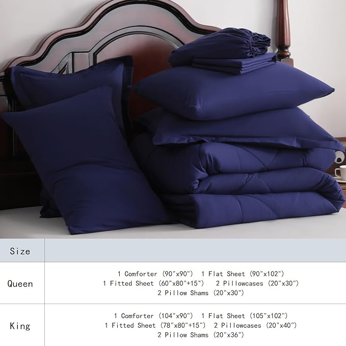 NTBAY Queen Comforter Set with Sheets, 7 Pieces Soft and Breathable Queen Bedding Set, Bed in a Bag, Down Alternative Comforter Set Solid Color All Season, Queen Bedding Set, Navy Blue
