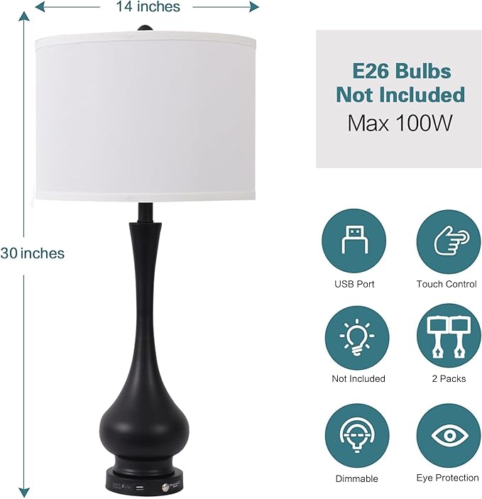 MWWANJLEE Touch Control Table Lamp Set of 2, 3-Way Dimmable Nightstand Lamp Sets with Linen Fabric Shade, Bedside Lamp with USB Port & E26 Socket, Modern Tall Table Lamp