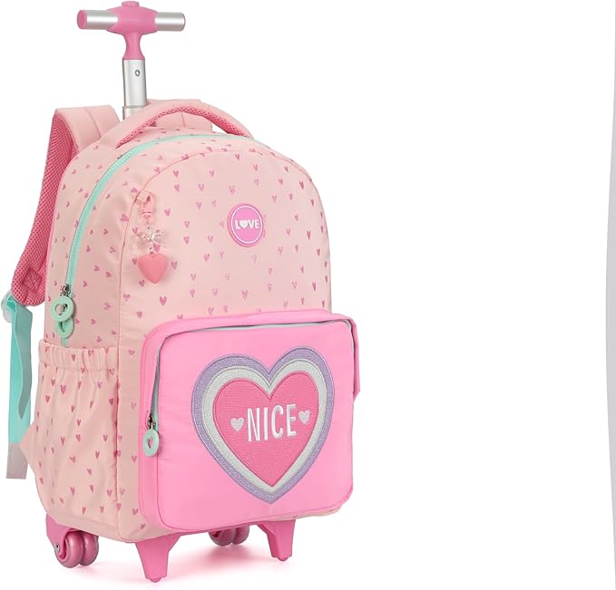 kingdisen Wheels Rolling Kids Backpack for Elementary Luggage School Trolley Bag with Lunch Box 3pc Set (HEART PINK)