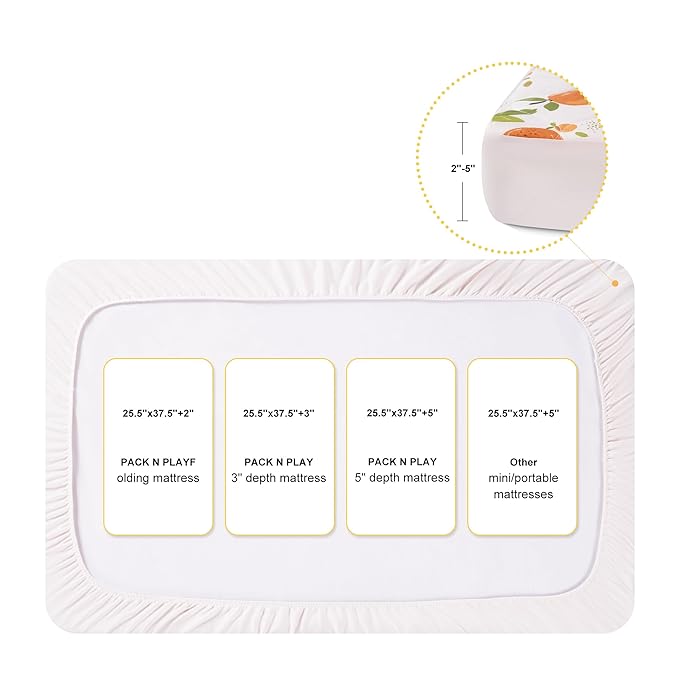 TILLYOU Pack and Play Sheet - Soft Quilted Crib Cover Pad, Toddlers Mattress Protector with 1''-3'' Deep Pocket, Thick Play Yard Playpen Sheets, Crib Mattress Pad, 39"x27", Orange Flavour