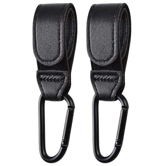 2PCS Stroller Hook Accessories, Multipurpose Stroller Bag Hook, Award Winning Leather Stroller Clip (Black)