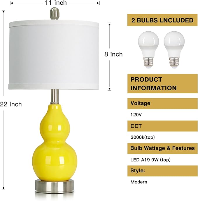 luxeflow Double Gourd Ceramic Table Lamps Set of 2, Yellow Modern Bedside Lamps for Living Room, Contemporary Nightstand Desk Lamps for Bedroom End Table Home Office Decor(2 LED Bulbs Included)