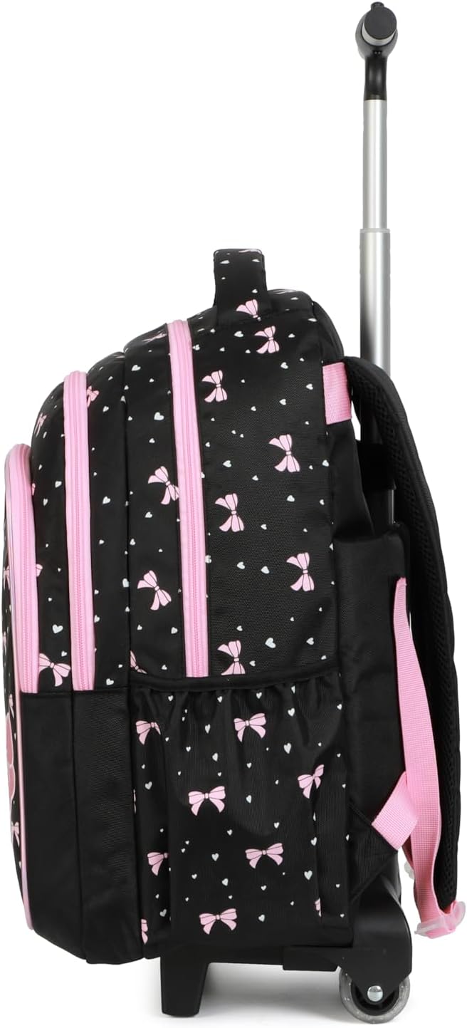 kingdisen Women Large Rolling travel Backpack for kids, Wheeled Backpack with Adjustable Shoulder Straps, Nylon Book Bag 3pc Set (BOWKNOT BLACK)