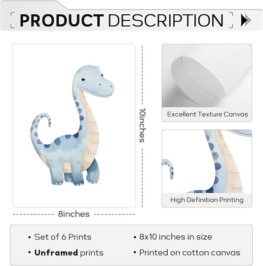 Dinosaur Nursery Wall Art Kids Canvas Poster baby Boy Nursery Wall Decor Watercolor Dino Prints Toddler Pictures cute Dinosaur Themed Artwork painting for Boys Room Bedroom 8x10 Inch Unframed set of 6