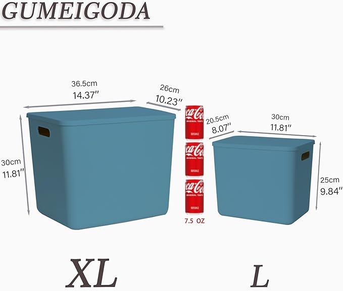 GUMEIGODA Plastic Storage Bins with lids,Storage Baskets,Container with handle,Storage Organizer Bins for Shelves,Office,Bedrooms,Closets, Cabinets (Blue, 5XL+2L)