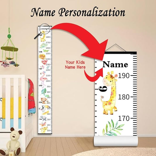 Personalized Growth Chart for Kids, Baby Height Chart with Custom Name, 77"x7.9" Canvas and Black Wood Height Measuring Rulers for Boys Girls Removable Wall Ruler Hanging for Nursery Decor - Animals