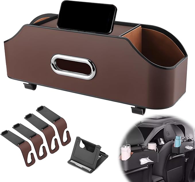 4-in-1 Car Backseat Organizer, 2026 New Car Seat Back Storage Box, Multifunctional Car Back Seat Storage Organizer with Cup Holders, Tissue Box Slot, Hooks to Keep Your Ride Clean & Organized (Brown)