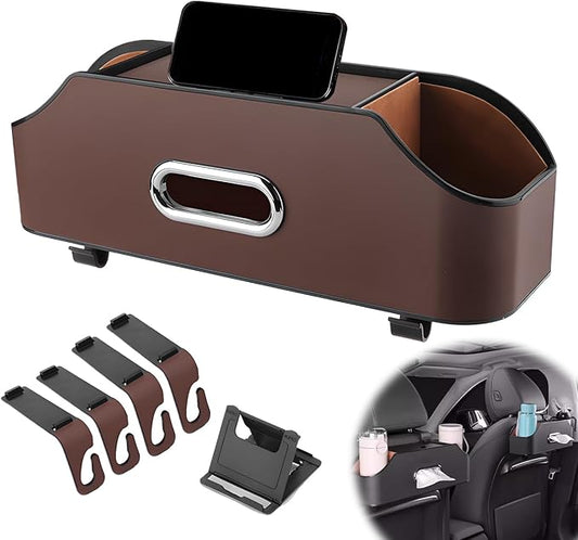 4-in-1 Car Backseat Organizer, 2026 New Car Seat Back Storage Box, Multifunctional Car Back Seat Storage Organizer with Cup Holders, Tissue Box Slot, Hooks to Keep Your Ride Clean & Organized (Brown)
