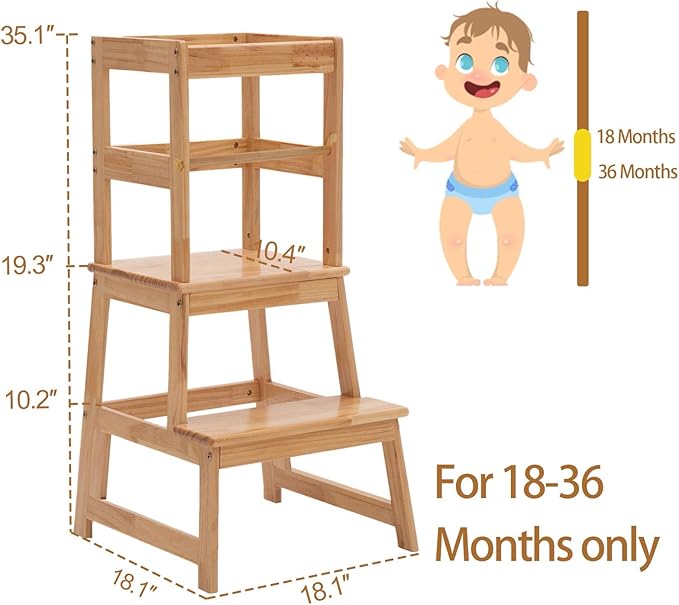 Kids Kitchen Step Stool for Kids with Safety Rail,Solid Wood Construction Toddler Learning Stool, Montessori Toddlers Kitchen Stool Tower(Natural)