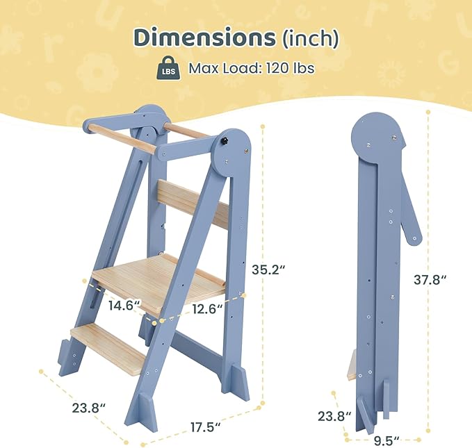 WeeGuruu Toddler Step Stool, Wooden Fold-able Standing Tower Kitchen Helper for Countertop, Bathroom, Montessori Kids Stool with Height Adjustable Platform for Ages 18 Mons to 6 Years Learning Skills