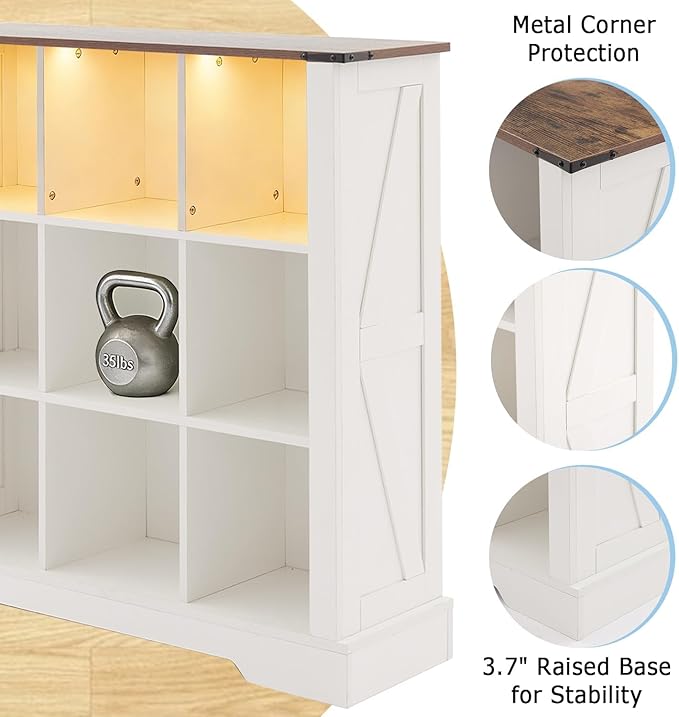 Puntogen 9 Cube Storage Organizer, Wood Cube Bookshelf with LED Lights, Horizontal Storage Cubes, Kids Bookshelf, Display Cabinet Cubby Shelf for Living Room Home Office Bedroom，White