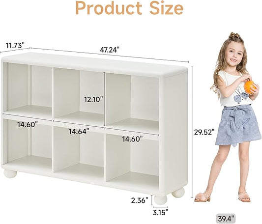 ONBRILL Wooden Bookcase with 6 Cube Storage, Kids Bookshelf with Sphere Foot, Sturdy Toy Storage Organizer, Safe Rounded Corners Bookcase for Living Room, Playroom, Nursery (White)
