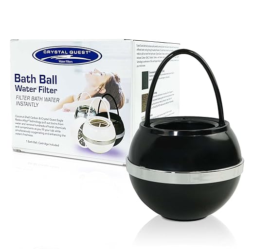 Crystal Quest Bath Ball Water Filter for Bathtub - 3-Stage Filtration, Removes Chlorine, Chloramine & Byproducts, 2,500 Gallons, BPA Free, pH Balanced Water, Fits Most Tubs, Easy Install - Black