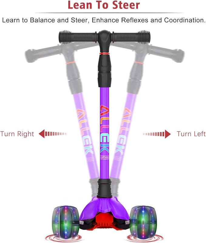 Allek Kick Scooter B02, Lean 'N Glide Scooter with Extra Wide PU Light-Up Wheels and 4 Adjustable Heights for Children from 3-12yrs (Purple)