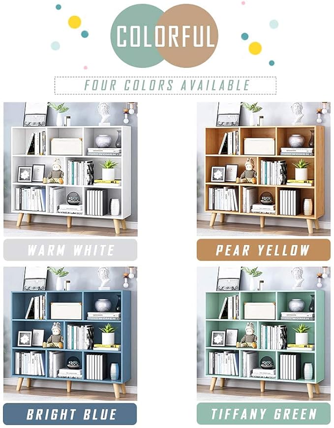 IOTXY Wooden Open Shelf Bookcase - 3-Tier Floor Standing Display Cabinet Rack with Legs, 8 Cubes Bookshelf, Tiffany-Green | Display Cabinet, Rack, with Legs, Bookshelf