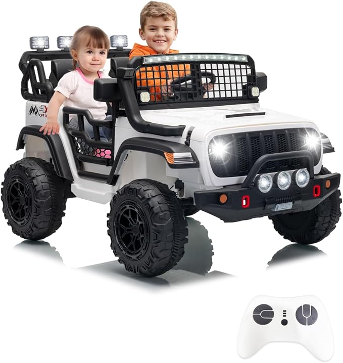 2 Seats 24V Kids Electric Ride on Car with Remote Control, 20" Large Seat with 2 Safety Belts, Two 200W Battery Powered Electric Vehicle for 3+ Years, LED Light,Music,Horn,USB Port, Riding Toy,White