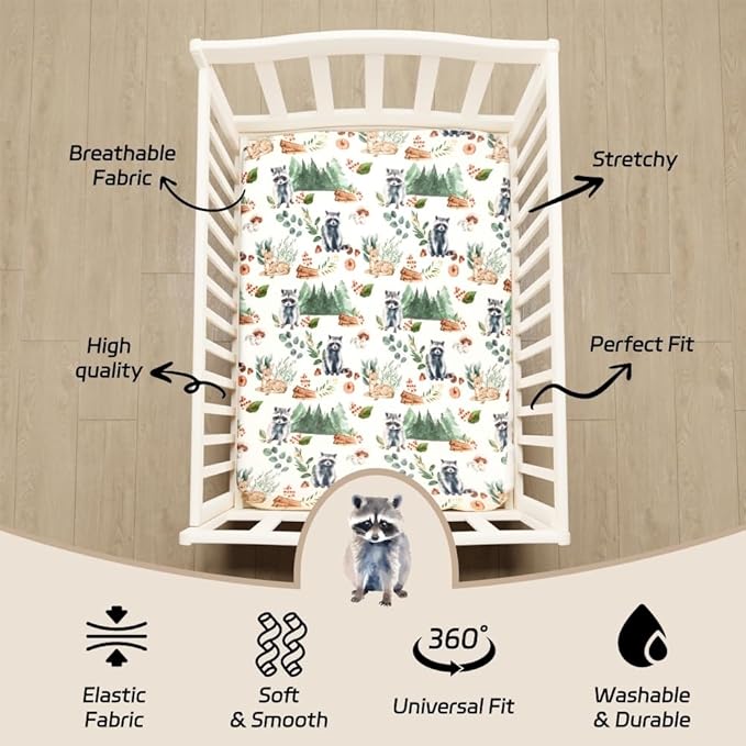 4 Pack N Play Sheets Woodland Forest Animals Wood Neutral Unisex Fitted Baby N Play Sheets Fitted for Standard Pack and Plays and Mini Cribs Set for Baby Boys or Girls (Raccoon)