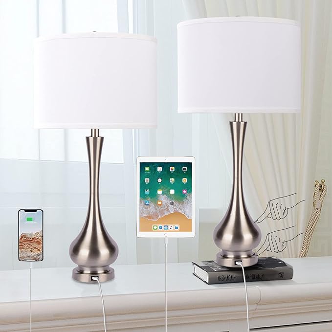 30" Large Modern Table Lamps Set of 2 for Living Room Bedroom with USB Charging Port,3-Way Dimmable Brushed Steel Nightstand Lamp Sets Bedside Touch Desk Lamp with White Fabric Shade (Bulb Included)