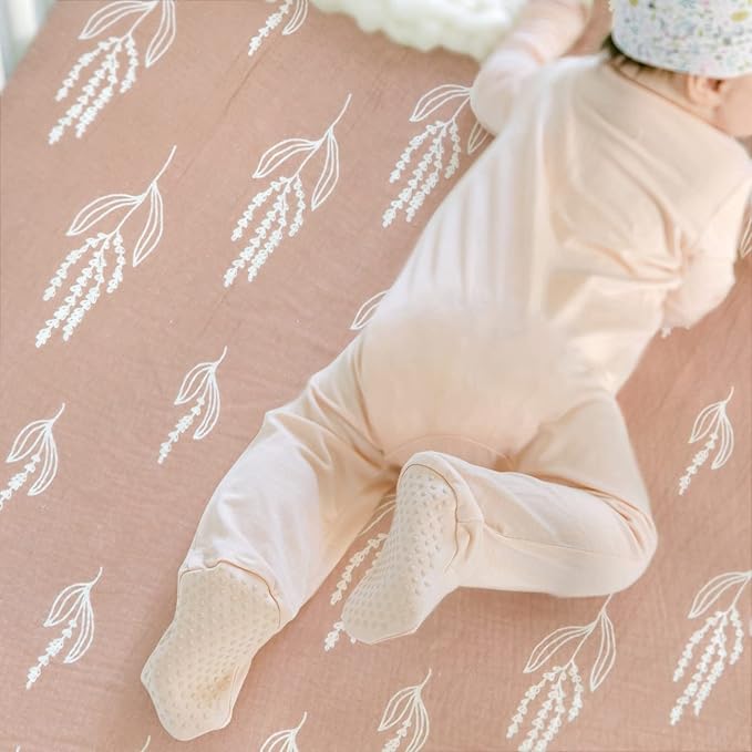 GRSSDER Soft Muslin Crib Sheet 2 Pack, 100% Cotton Crib Sheets for Boys and Girls, Fit Standard Crib Mattresses 52" x 28" Safe and Snug, Wheat/Brick Red