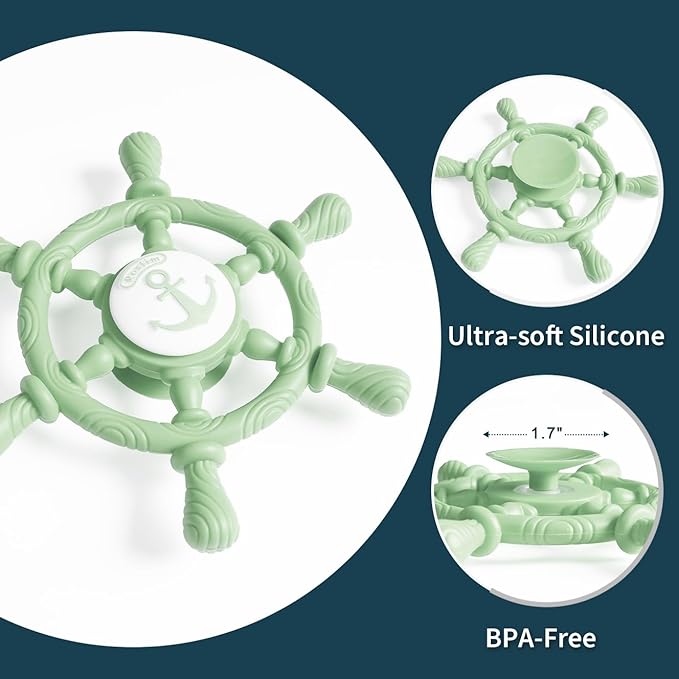 Bathtub Suction Spinner Toys - Silicone Bath & High Chair Sensory Toy for Babies & Toddlers, Novelty Spinners with Suction Cup, Car Window Travel Toys (Ship Steering Wheel Toy - Forest Green)
