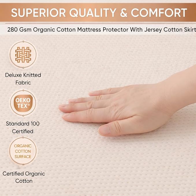 Organic Cotton Percale Waterproof Crib Mattress Protector – 280 GSM, Breathable, Soft Natural Feel – Fitted, Fits Standard Baby Crib Mattress (52" x 28")