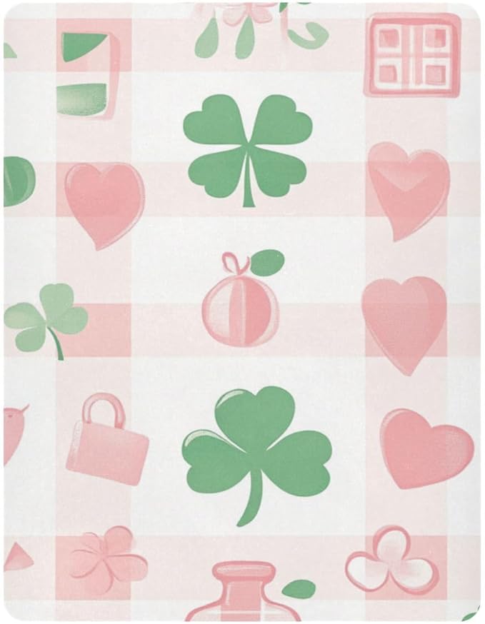Pink Plaid St Patricks Day Clovers Hearts Crib Sheets Standard Crib Toddler Mattresses Cover Fitted Baby Bed Sheet Breathable Crib Mattress Sheet for Girls Boys 39''x27''x9''