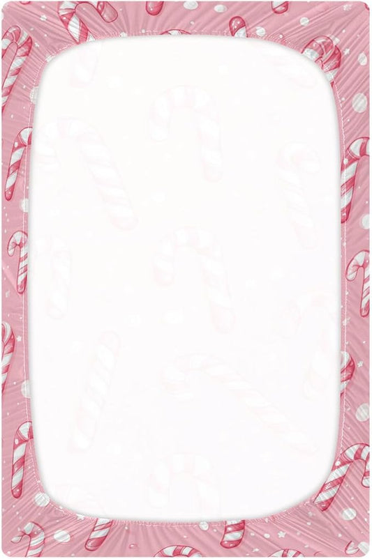 Christmas Pinks Candy Cane Crib Sheets Soft Breathable Fitted Baby Crib Sheets Mattress Cover for Girls Boys, 52" x 28" x 9"