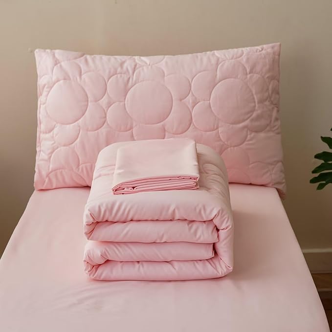 CLOTHKNOW 4 Pieces Pink Toddler Bedding Sets for Grils, Daisy Puff Pattern, Soft Crib Bed Set Including Comforter, Flat Sheet, Fitted Sheet and Pillowcase