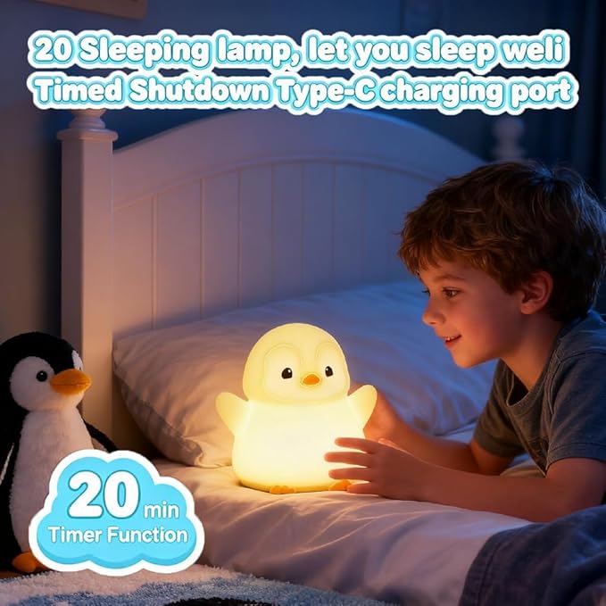 KangTen CHEN Cute Penguin Night Light for Kids Bedroom, Animal Silicone Nursery Night Lamp Touch Control Nightlights USB Rechargeable Bedside Lamp for Baby Children Toddlers Girls Gift