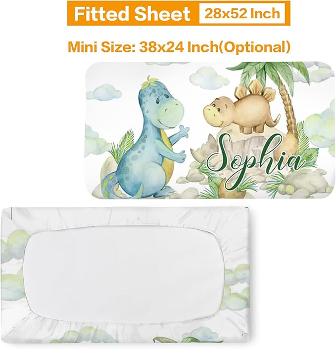 Custom Baby Bedding Set, Personalized Green Dinosaur Bedding, Baby Blanket Fitted Sheet Changing Cover Nursery Rug Room Decor Gift Idea