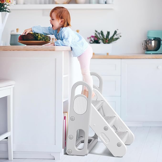 Mloong Kids Step Stool Foldable for Bathroom Sink, Easy Folding Non-Slip Bathroom Stool Toilet Potty Training, Adjustable Toddler Ladder Kitchen Counter Helper