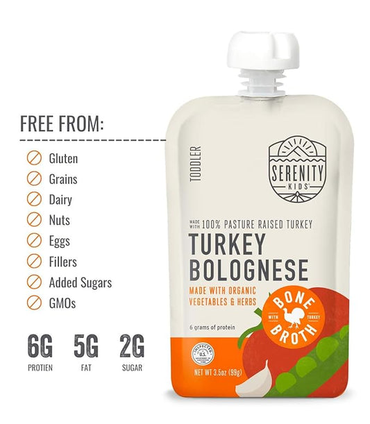 Serenity Kids Toddler Food Pouch Bone Broth Puree with Turkey Bolognese & Organic Veggies - BPA-Free & Protein-Rich Baby Food Pouches Clean Label Project Certified - 3.5 Oz, 6 Pack