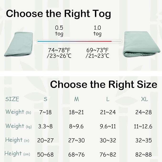 Supersoft Rayon Made from Bamboo Sleep Sack 24-36 Months 0.5 TogToddler Sleep Sack 2t Baby Wearable Blanket 3t with 2-Way Zipper Summer Unisex Sleeping Bag for Babies (2 Pack) Green & Gray