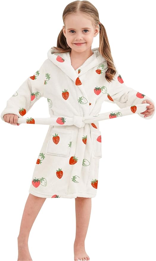 Umeyda Girls Fleece Hooded Robes, Warm Printed Bath Robe for Kids Soft Fuzzy Bathrobe for Gifts