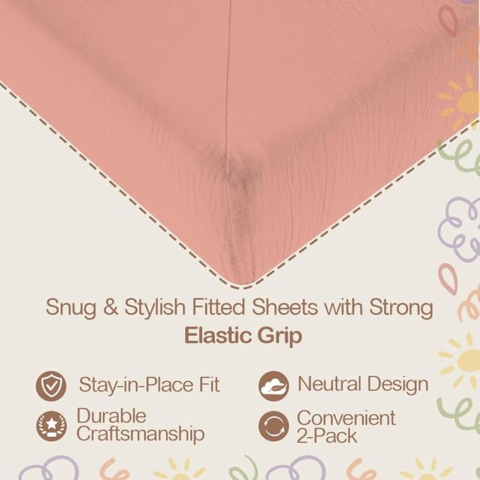 Mère & Moi Muslin Fitted Crib Sheets – 100% Cotton, Ultra-Soft & Breathable Baby Bedding for Standard Crib & Toddler Mattress (28” x 52”) - 2 Pack (Pink and Cream)