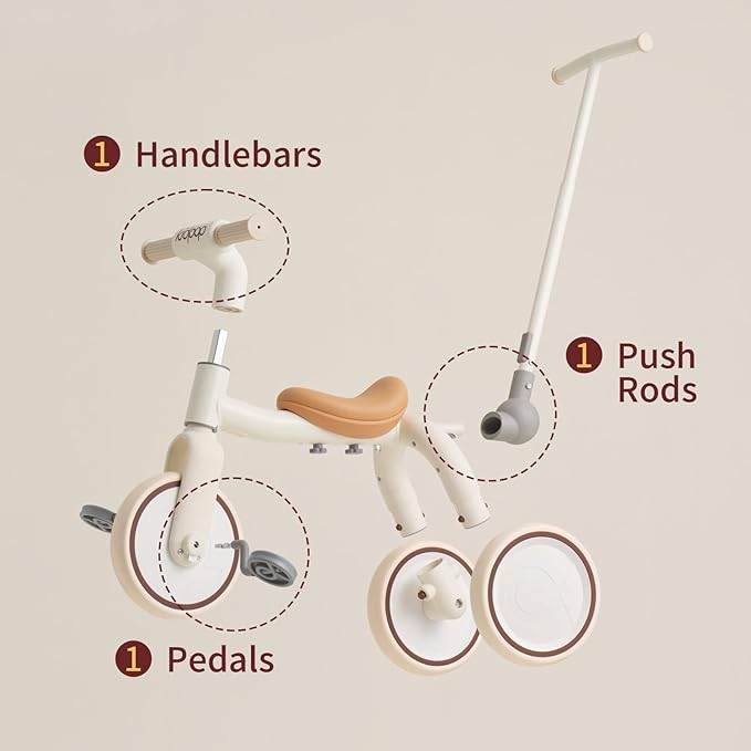 4-in-1 Toddler Tricycle with Adjustable Push Handle for 1-4 Year Old,Birthday Gift and Toy for Boys and Girls Removable Pedals Balance Bike&Scooter (White)