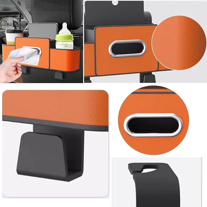 Gugliet 3-in-1 Car Backseat Organizer, Multifunctional Car Seat Back Storage Box, Universal Cars Seat Organizer Tissue Box and Storage with 2 Cup Holders and Hanging Hooks (Brown)